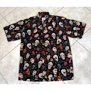 David Carey Mens Hawaiian Camp‎ Shirt Skull Day Of The Dead All Over Print Sz L